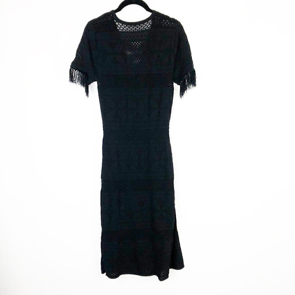 SALE A.L.C. Trevi Black V-Neck Tie-Front Detail Crochet Fringed Midi Dress Large - Picture 7 of 15